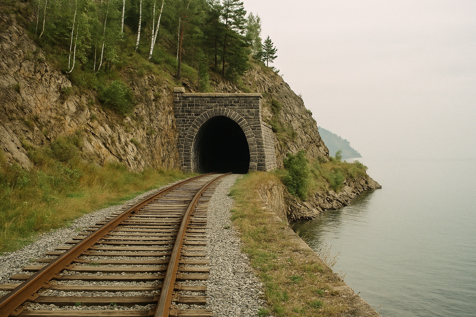 Gleis der Circum-Baikal-Bahn führt am Steilufer in ein gemauertes Tunnelportal, rechts der See