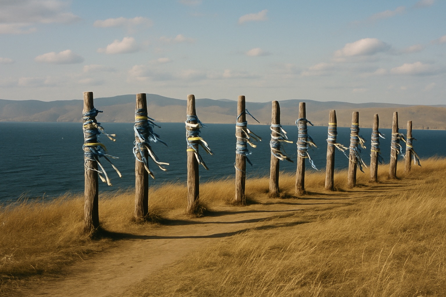 Reihe verwitterter Holzpfosten mit Stoffbändern auf einem Steppenhügel über dem See