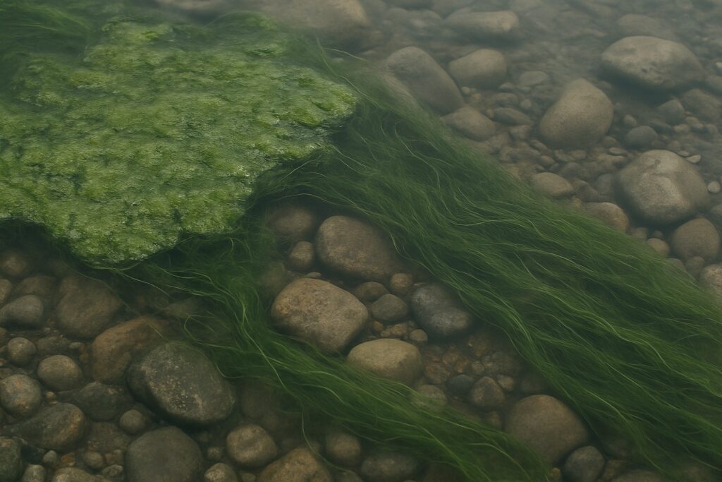 Treibende grüne Algenmatten mit eingeschlossenen Gasblasen im flachen Uferwasser