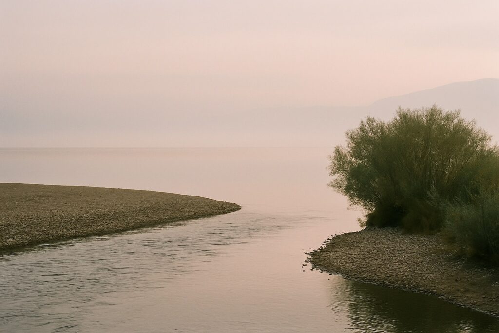 Ruhige Flussmündung am frühen Morgen mit Nebel, Kiesbank und Weidengebüsch