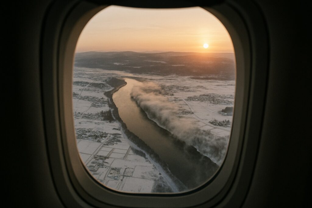 Luftbild aus dem Flugzeugfenster: ein dunkler Fluss mit Dampfnebel durch verschneites Land