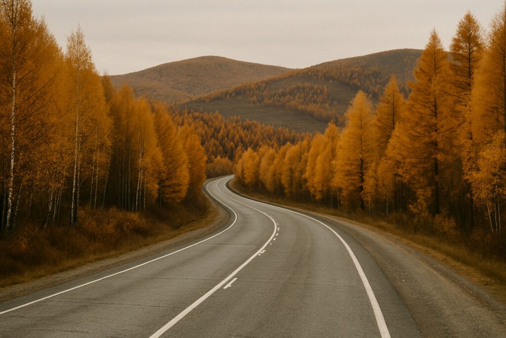 Leere zweispurige Fernstraße durch herbstliche Taiga mit gelben Birken und Lärchen