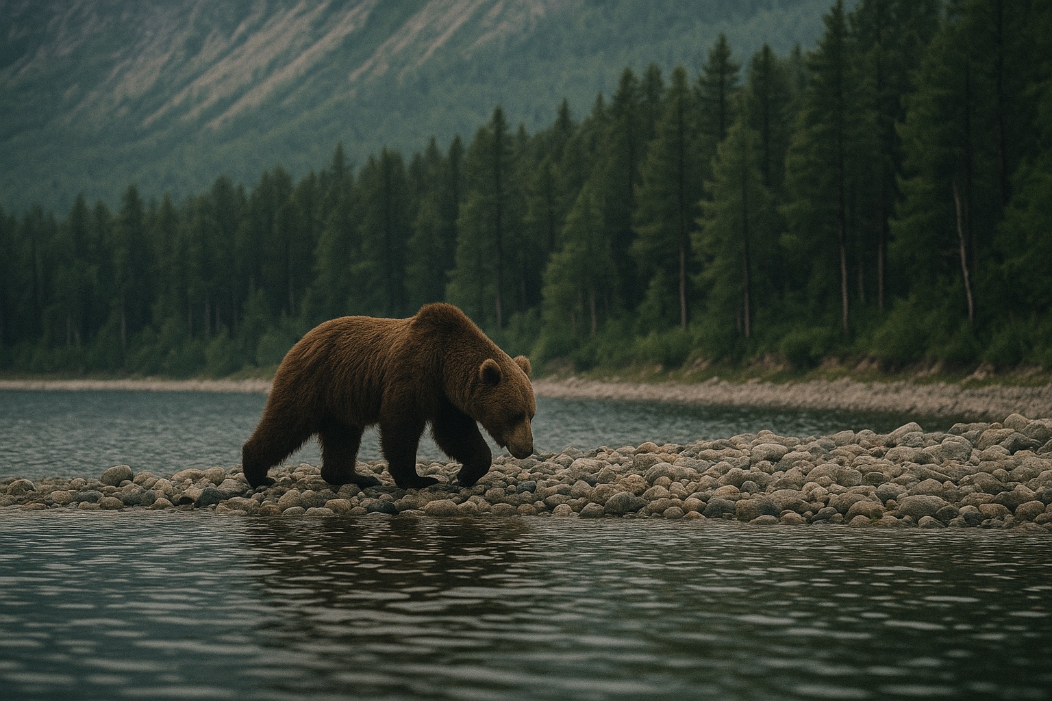 Braunbär läuft an einem steinigen Ufer entlang, dahinter Taiga und Berghang
