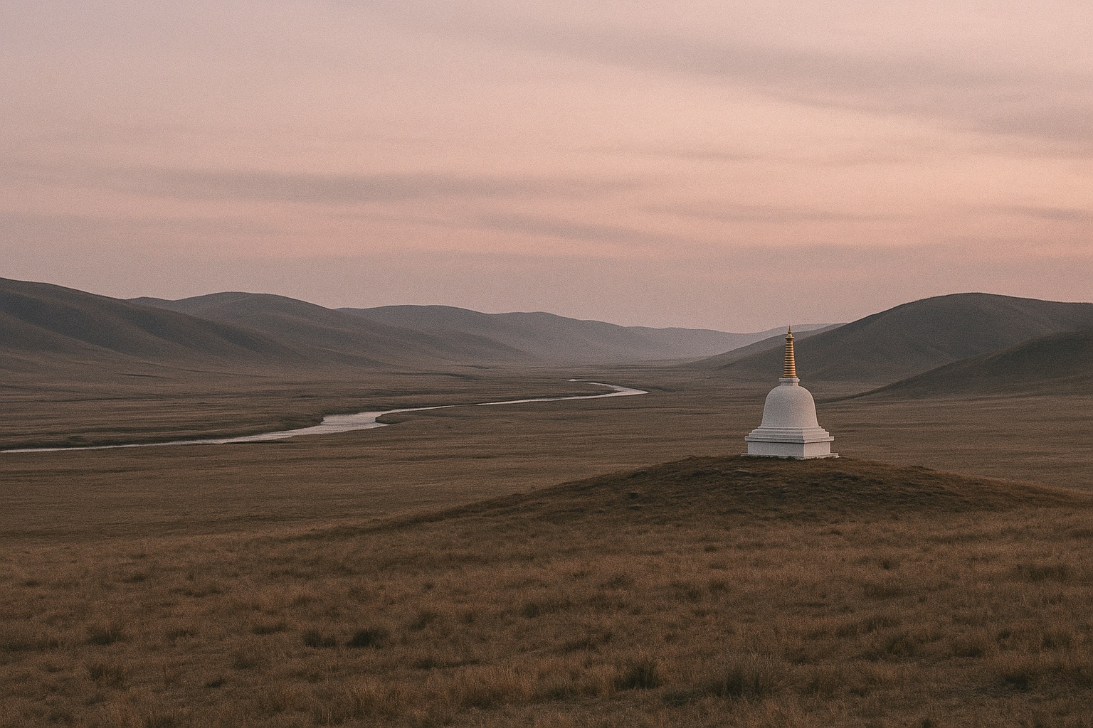 Weites Steppental in der Abenddämmerung mit einem Fluss und einer kleinen weißen Stupa auf einer Anhöhe