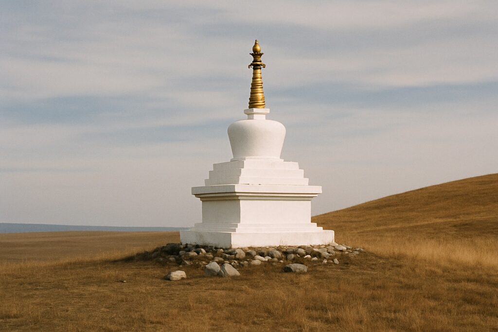 Weiße Stupa mit goldener Spitze auf einem grasbewachsenen Hügel in der Steppe