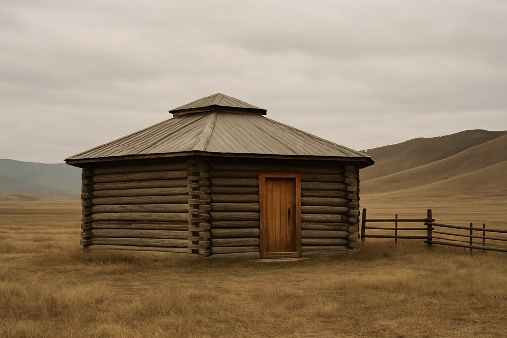 Achteckiges Blockhaus mit flachem achteckigem Dach und Holztür in der Steppe