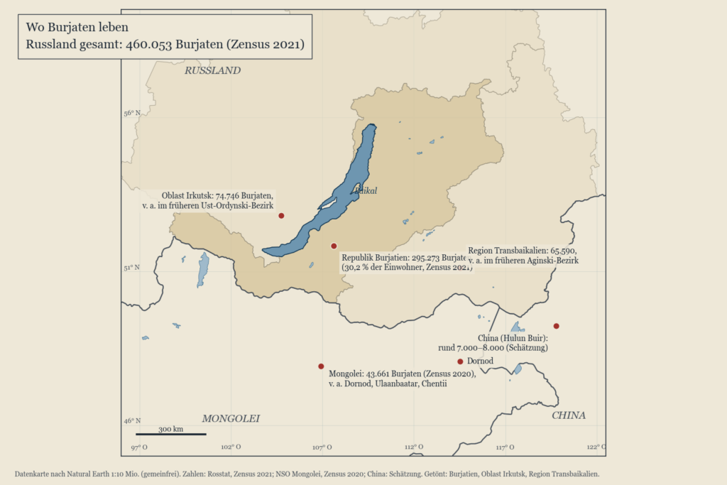 Karte der Siedlungsgebiete der Burjaten in Russland, der Mongolei und China mit Bevölkerungszahlen