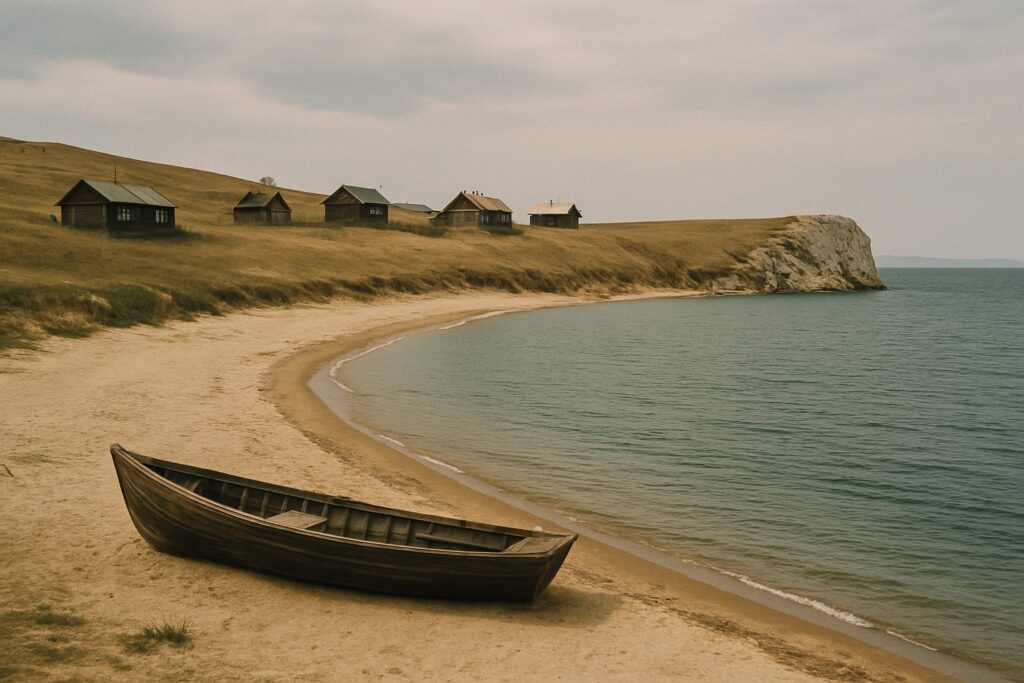 Sandbucht mit Holzboot, dahinter einfache Holzhäuser auf einer Anhöhe