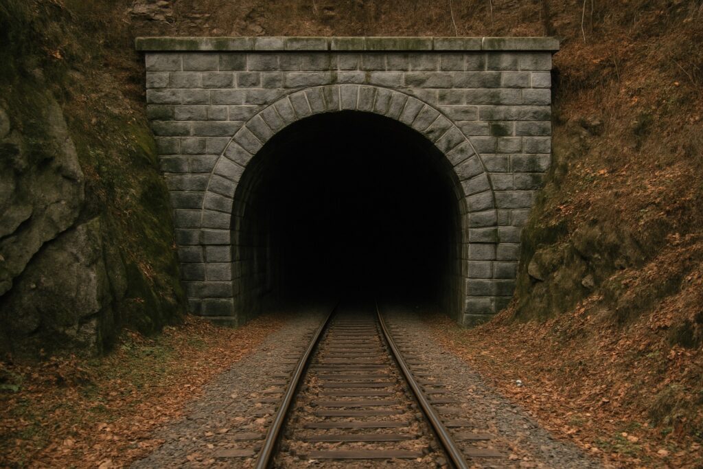 Tunnelportal aus behauenen grauen Steinblöcken mit Rundbogen, in das ein Gleis führt