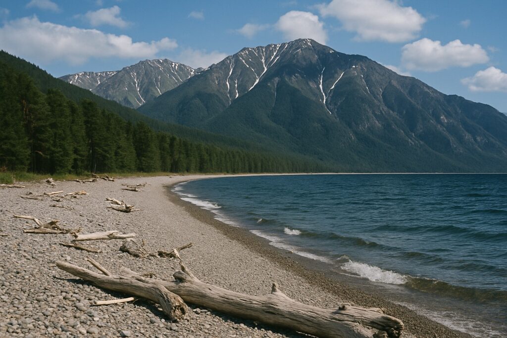 Steinstrand mit Treibholz am Ostufer, dahinter Taiga und eine Bergkette mit Schneeresten