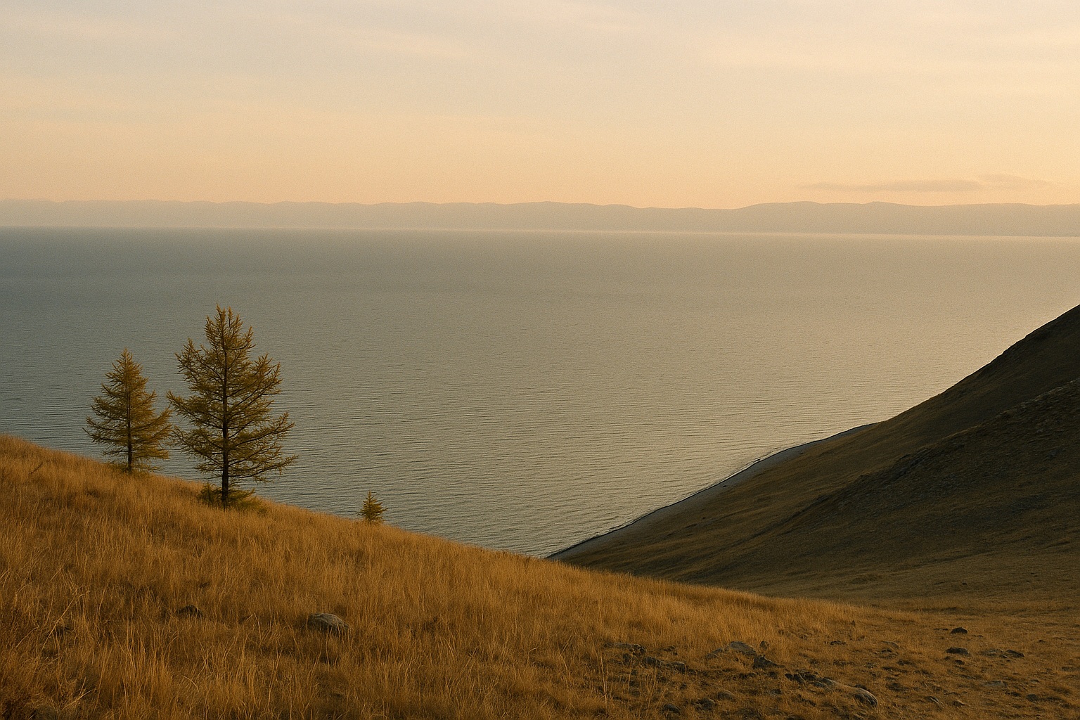 Blick von einem Steppenhang über die weite Wasserfläche des Baikalsees, am Horizont das ferne Ostufer