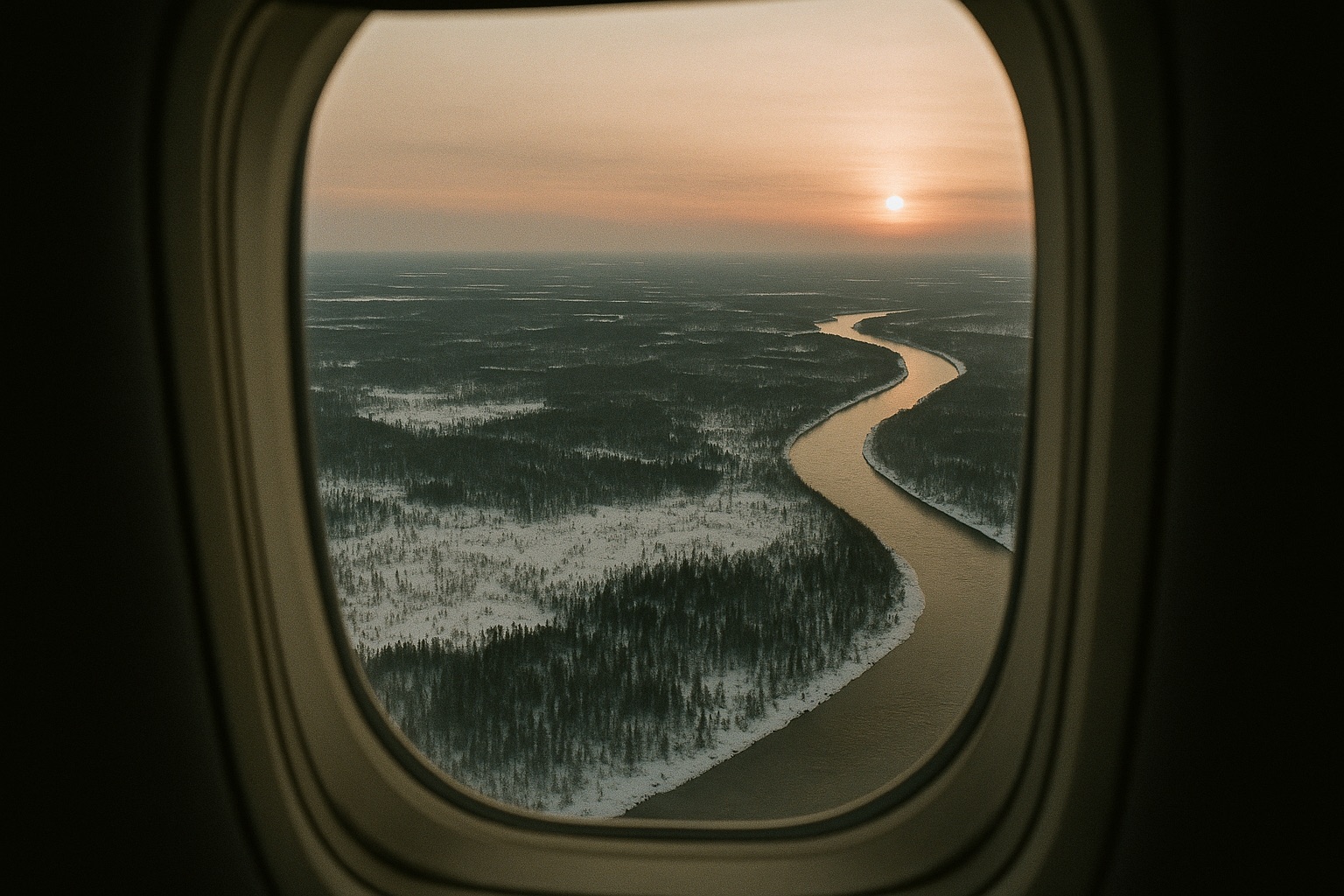 Blick aus einem Flugzeugfenster auf verschneite Taiga und einen gewundenen Fluss im Morgenlicht