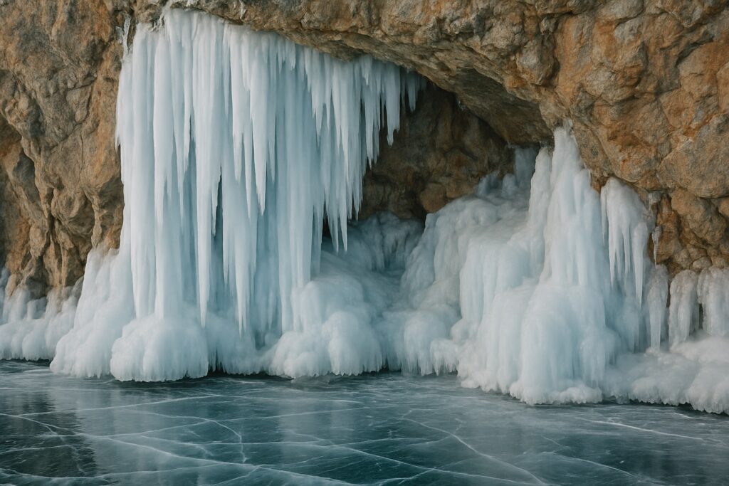 Lange Eiszapfen und Spritzeis an einer Felsnische am Ufer, davor klares Eis