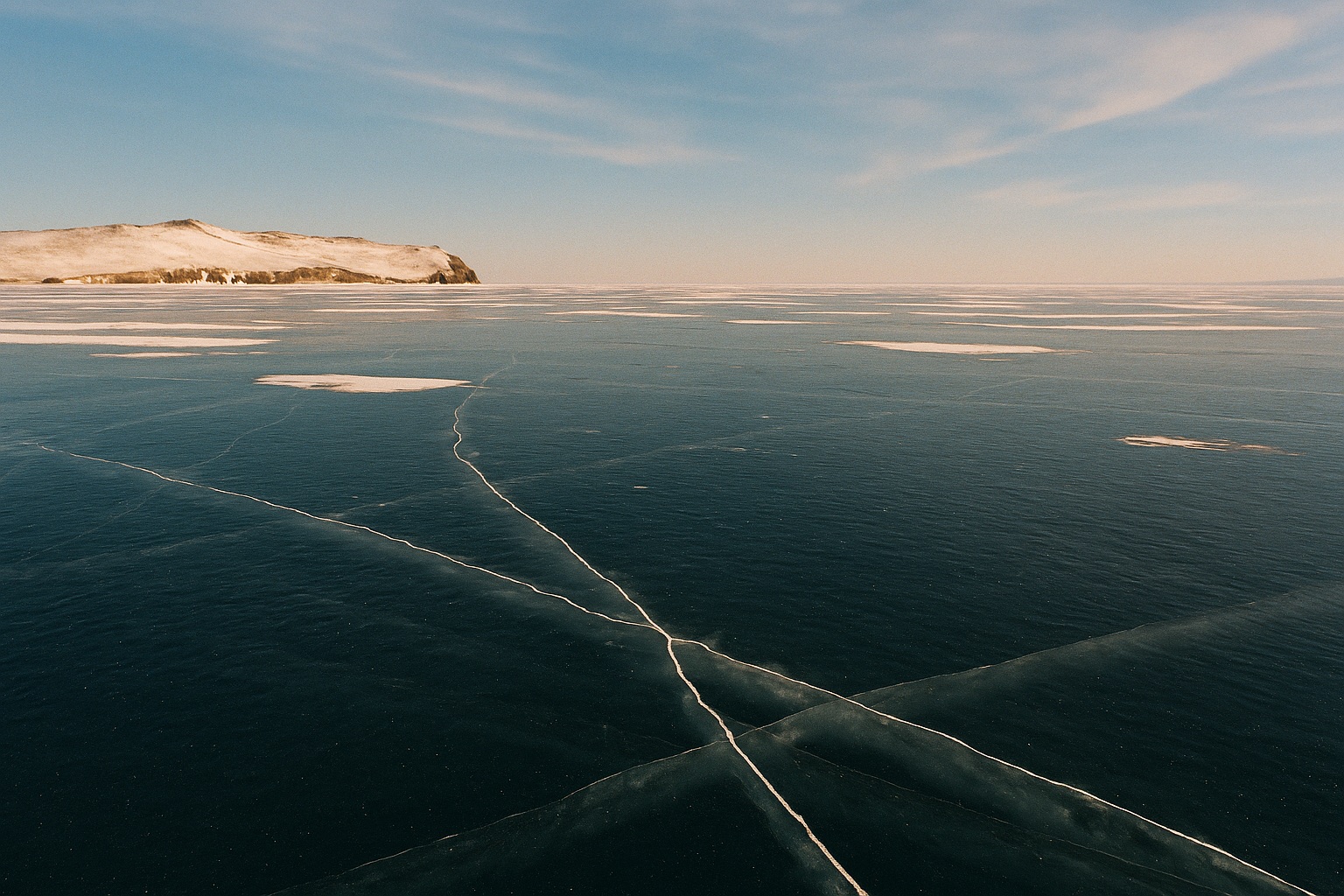 Weite dunkle Eisfläche mit langen weißen Rissen und Schneeflecken, am Horizont eine verschneite Insel