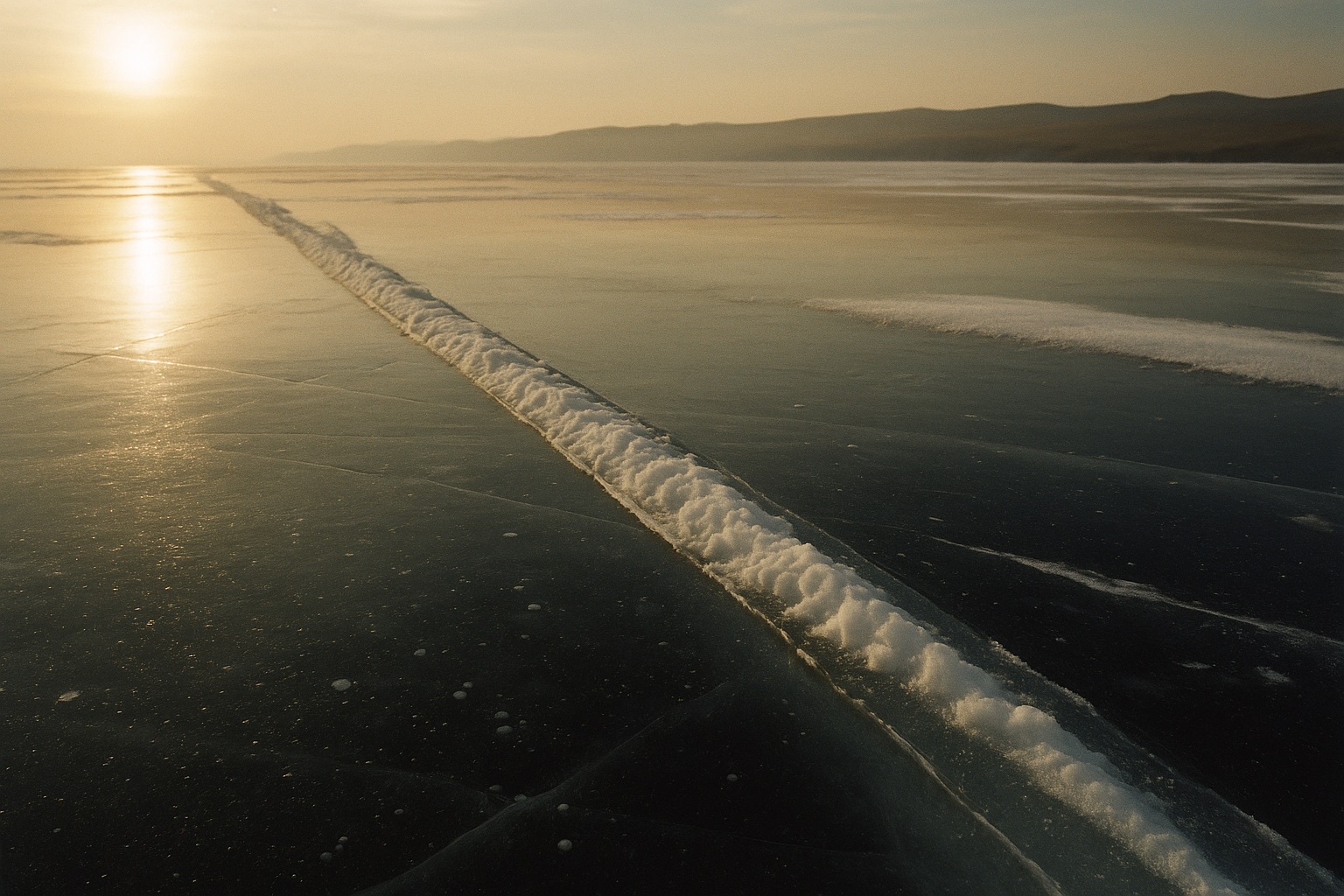 Lange, wieder zugefrorene Spalte mit weißem Eiswulst auf dunklem Klareis im Abendlicht