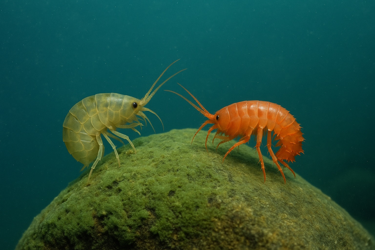 Zwei Flohkrebse, einer olivgelb, einer orangerot mit Stacheln, auf einem mit Schwamm bewachsenen Stein