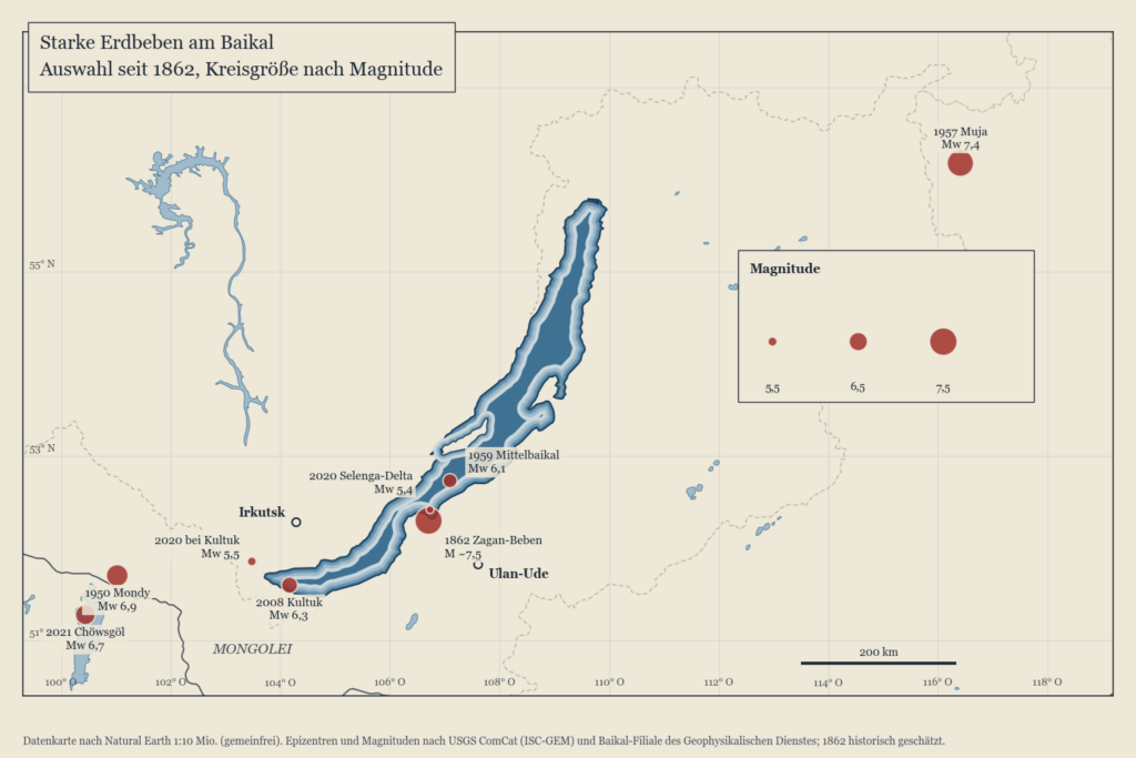 Karte der stärksten Erdbeben der Baikalregion mit Jahr und Magnitude