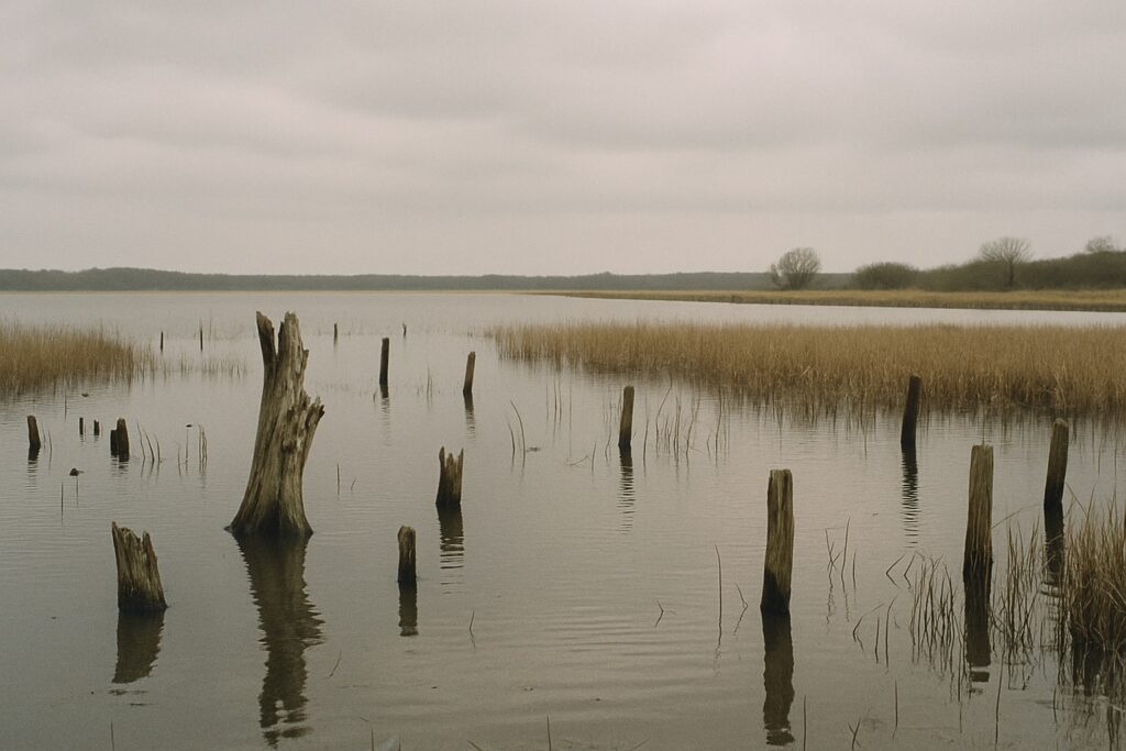 Flache, sumpfige Bucht mit grauen Baumstümpfen und alten Zaunpfählen im seichten Wasser