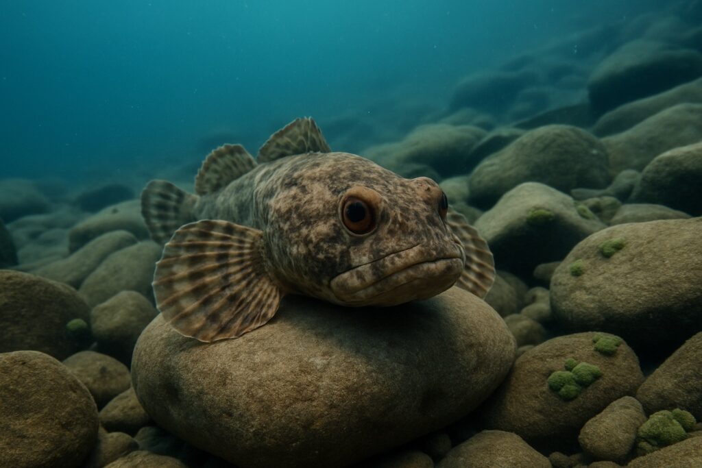 Gefleckte Groppe mit breitem Kopf und großen Brustflossen auf einem Stein