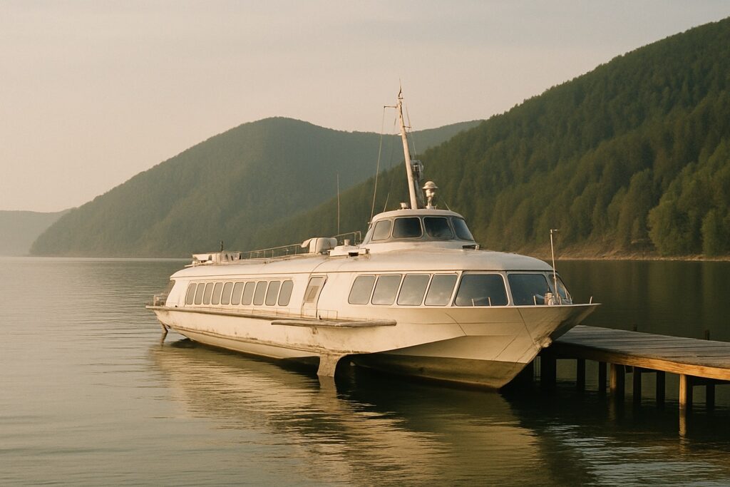 Älteres weißes Tragflügelboot ohne Aufschrift an einem Holzsteg in einer ruhigen Bucht