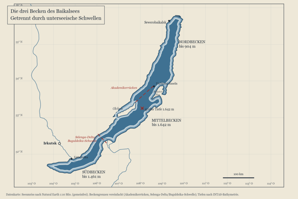 Karte der drei Becken des Baikalsees mit Olchon, Swjatoi Nos und den Uschkani-Inseln