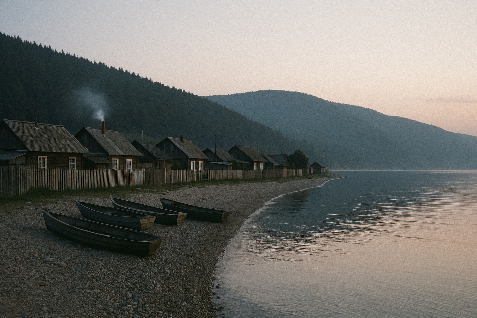 Kleines Dorf aus Holzhäusern an einem Kiesufer in der Abenddämmerung, davor hölzerne Fischerboote