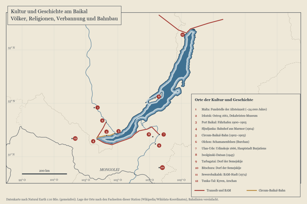 Karte des Baikalsees mit Orten der Kultur und Geschichte: Klöster, Dörfer der Altgläubigen, Bahnlinien, Irkutsk, Ulan-Ude und Olchon