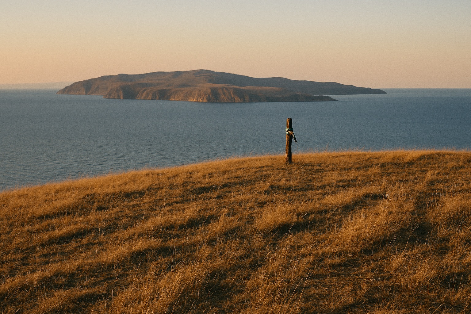 Trockener Steppenhang über dem See bei Sonnenuntergang mit einem einzelnen Holzpfosten, an dem Stoffbänder hängen, dahinter eine lange Insel