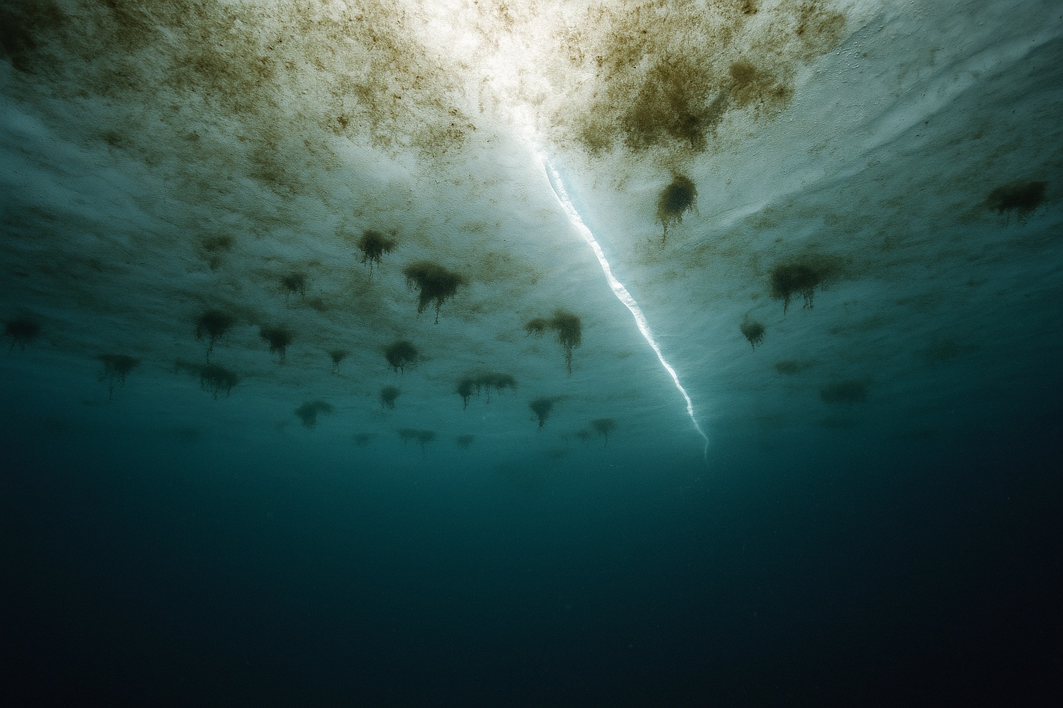 Blick von unten an die Eisunterseite mit bräunlich-grünen Algenflocken und durchscheinendem Licht