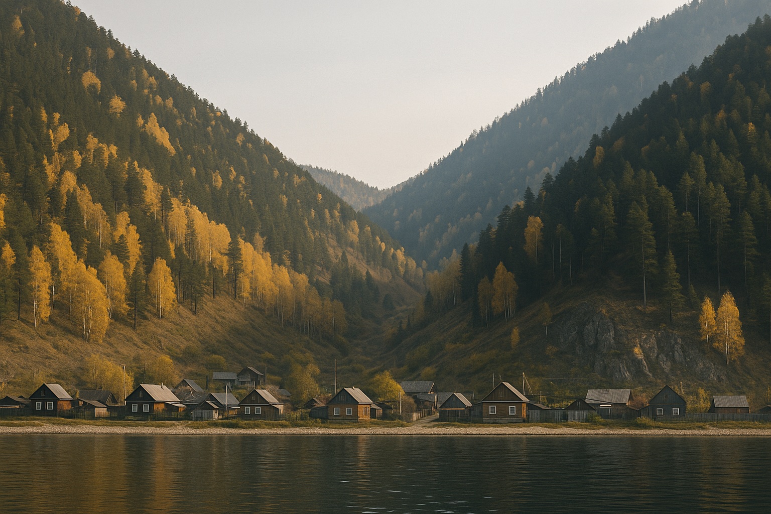 Holzhäuser am Ufer am Fuß steiler, herbstlich bewaldeter Hänge, vom Wasser aus