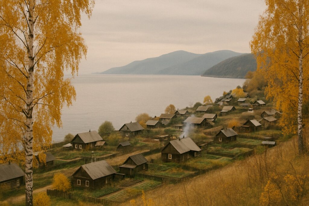 Dorf mit Holzhäusern und Gärten am Ufer, Birken im Herbstlaub