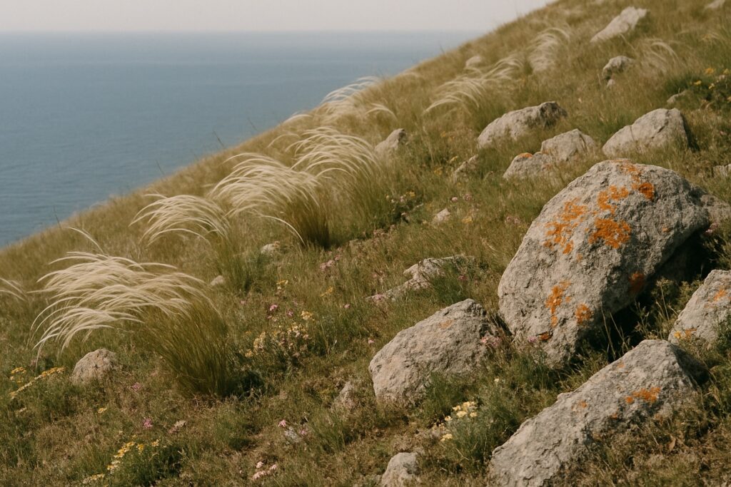 Federgras und blühende Kräuter zwischen flechtenbewachsenen Felsen über dem See