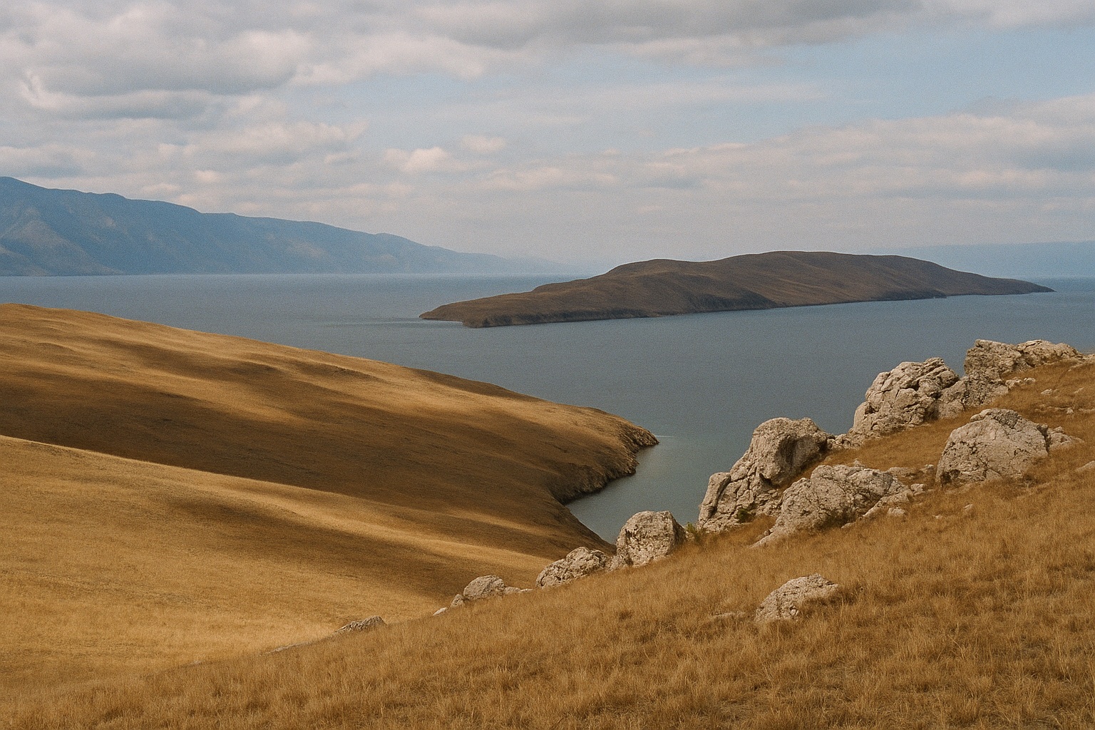 Steppenhügel mit Kalkfelsen am Westufer, dahinter Meerenge und eine lange Insel