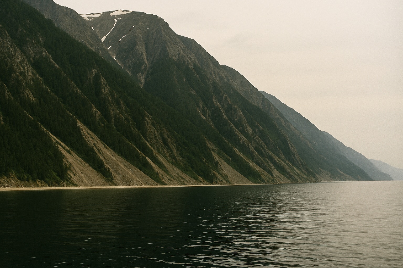 Steile, bewaldete Gebirgsflanke mit Schuttfächern, die gerade aus dem See aufsteigt