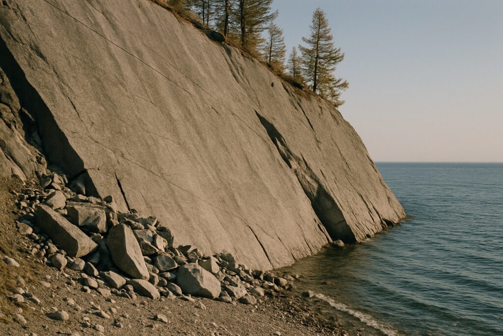 Glatte, steil geneigte Granitwand mit Blockschutt am Fuß, darunter Kiesstrand und klares Wasser