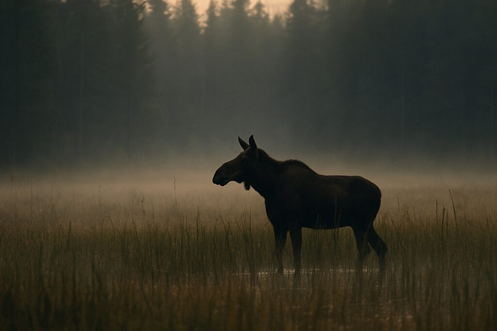 Elch steht im Morgendunst auf einer sumpfigen Lichtung in der Taiga