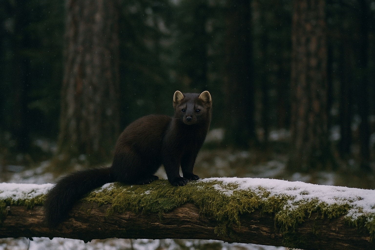 Zobel sitzt auf einem bemoosten, leicht verschneiten Baumstamm in der Taiga