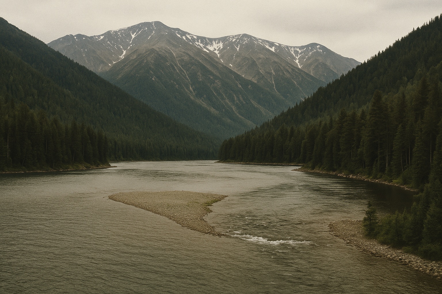 Wilde Flussmündung mit Kiesbank zwischen dichter Taiga, dahinter Berge mit Schneeresten