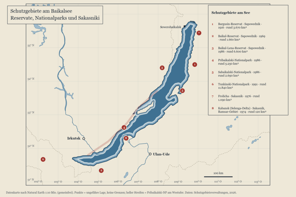 Karte der Schutzgebiete am Baikalsee mit nummerierten Reservaten, Nationalparks und Sakasniki