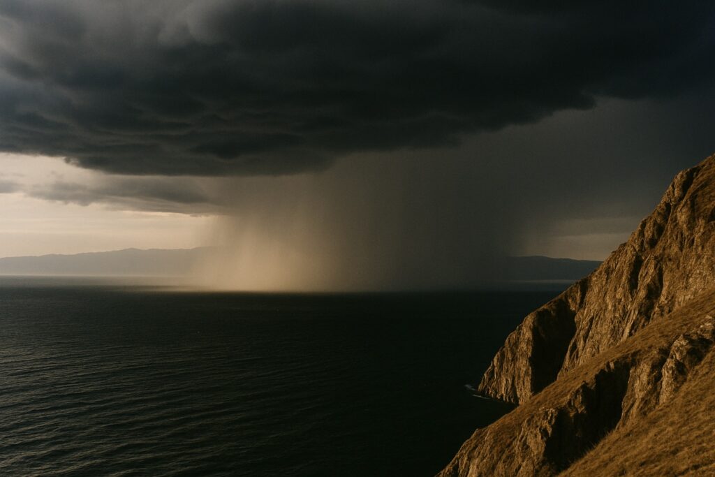Dunkle Gewitterwolke mit Regenvorhang zieht über den See, im Vordergrund Steilufer im letzten Sonnenlicht