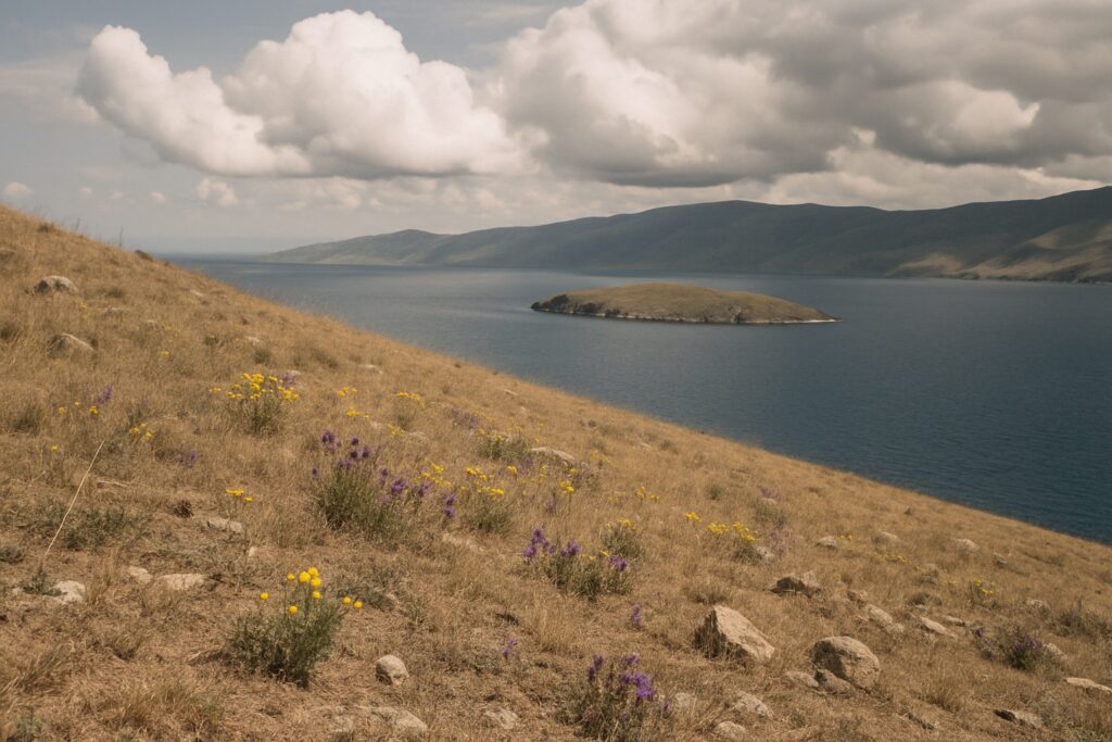 Trockener Steppenhang mit gelben und violetten Sommerblumen über dem tiefblauen See mit einer Insel