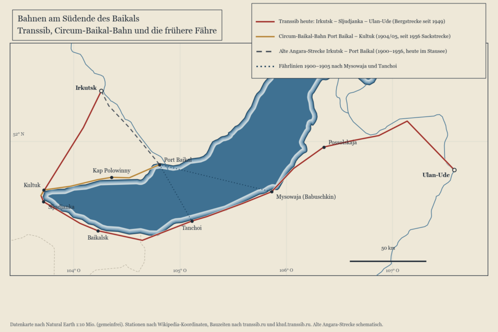 Karte der Bahnstrecken am Südende des Sees: Transsib, alte Angara-Strecke, Circum-Baikal-Bahn und Fährlinie