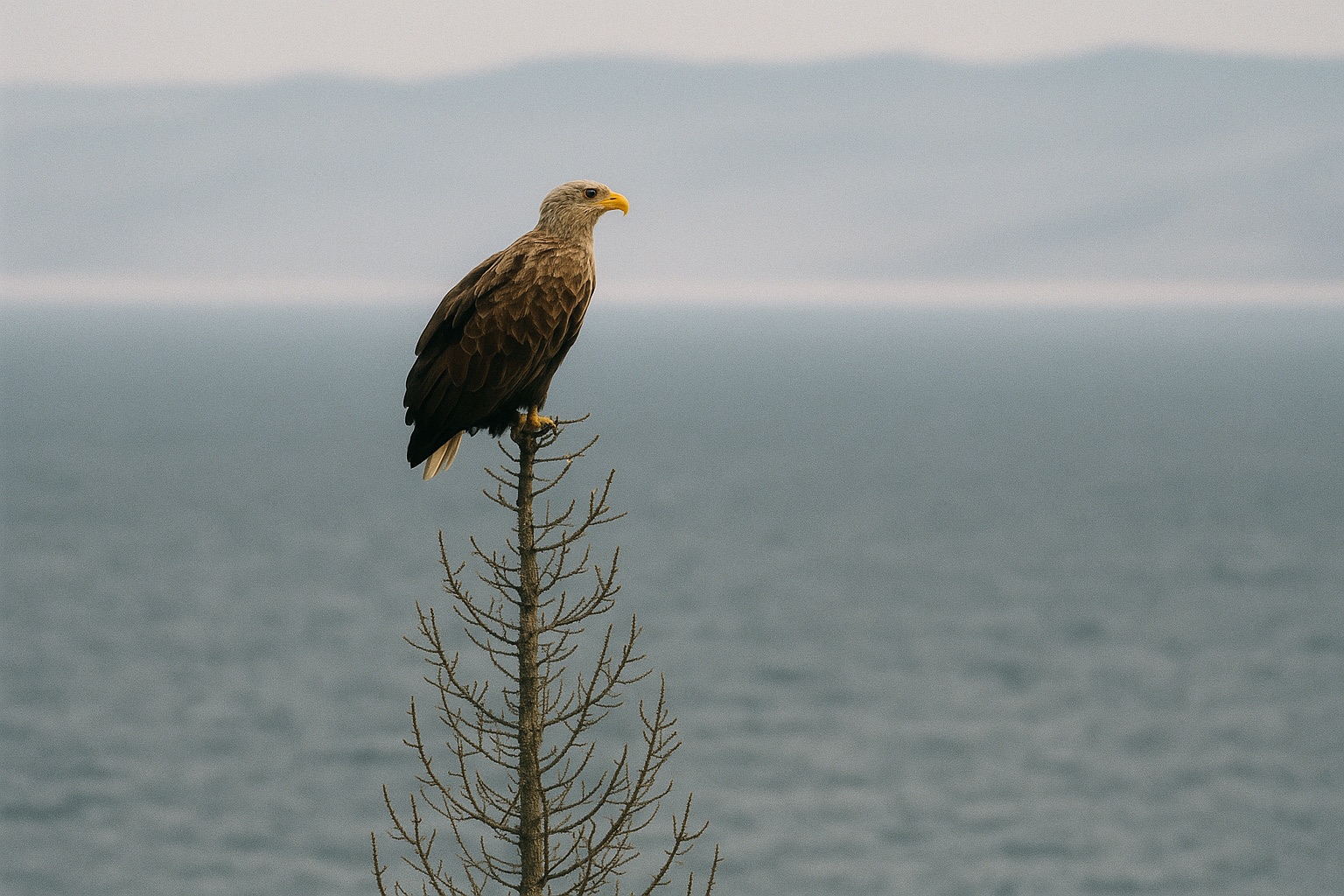 Seeadler sitzt auf der Spitze einer abgestorbenen Lärche über dem See