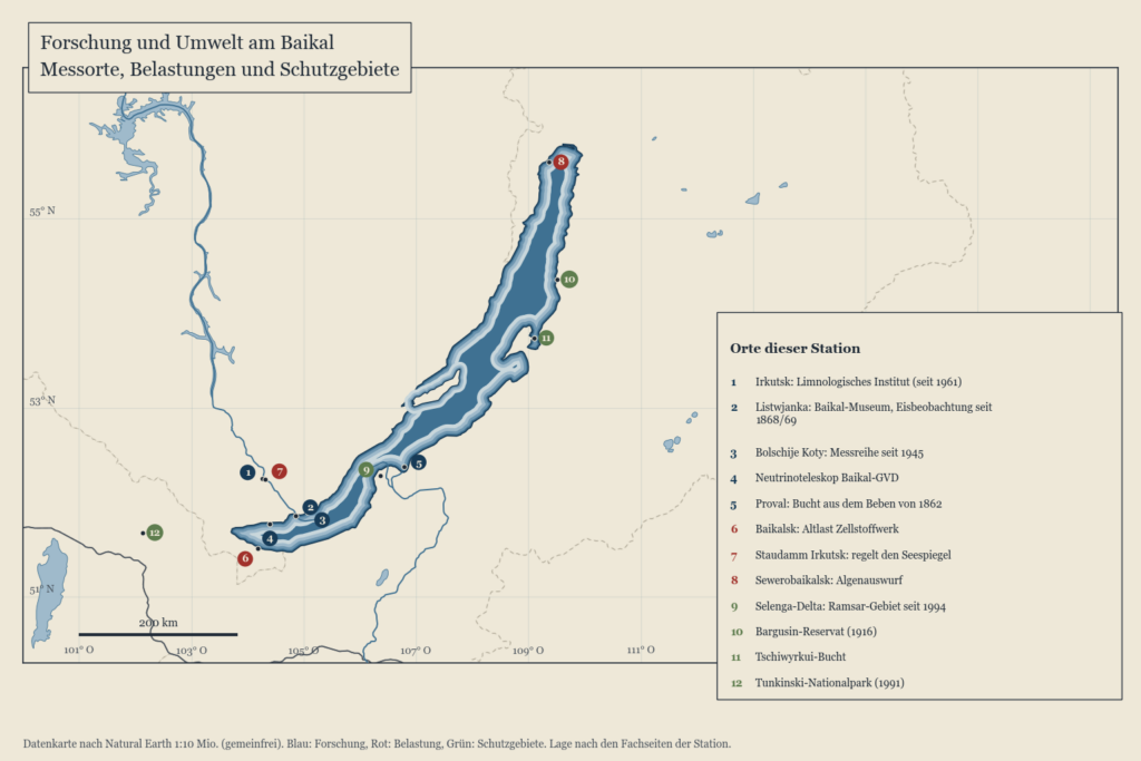 Karte des Baikalsees mit Forschungsstationen, dem Neutrinoteleskop und Orten der wichtigsten Umweltprobleme