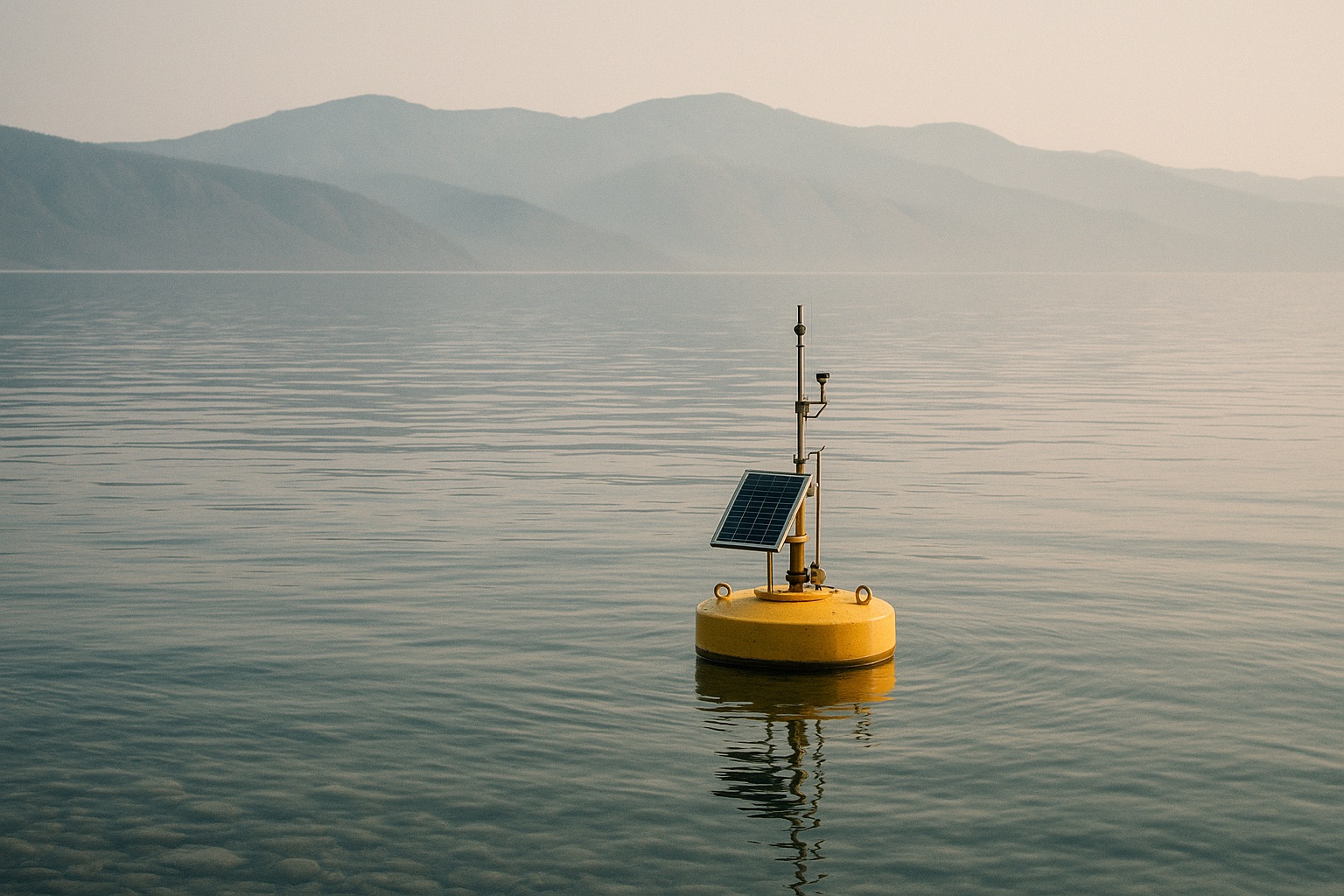 Kleine gelbe Messboje mit Instrumentenmast und Solarmodul auf ruhigem, klarem Seewasser am Morgen